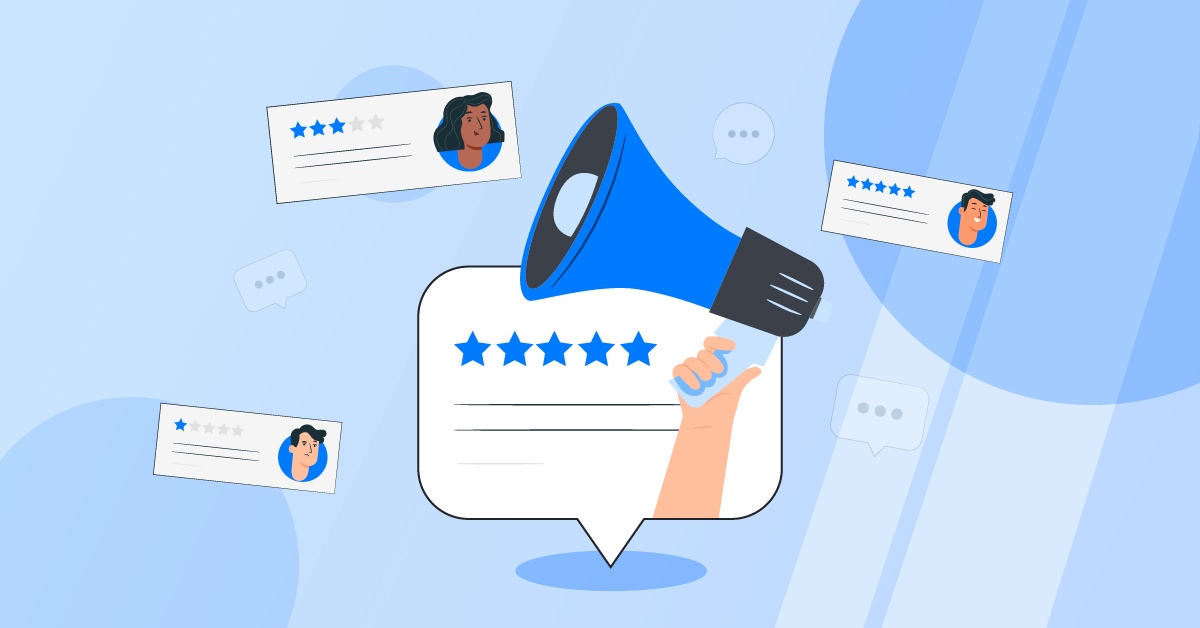 Drawing of a megaphone with ratings around it 