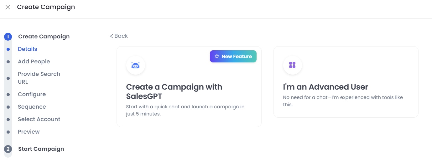 SalesRobot dashboard with option to create a new campaign