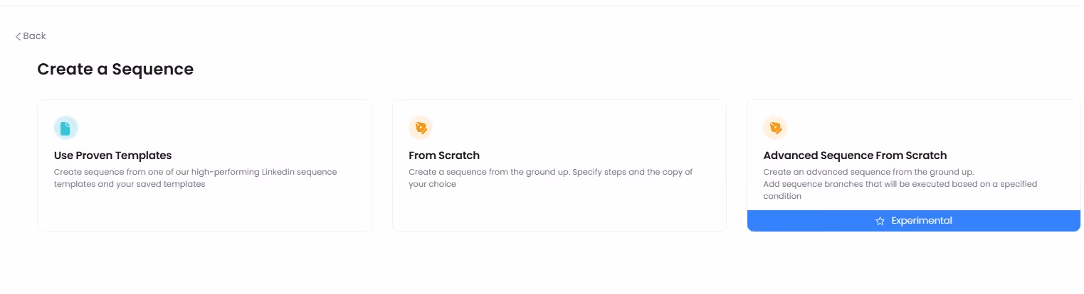 Screenshot of options to create a sequence in a marketing campaign: Quick Start, From Template, From Scratch, and Advanced Sequence From Scratch.