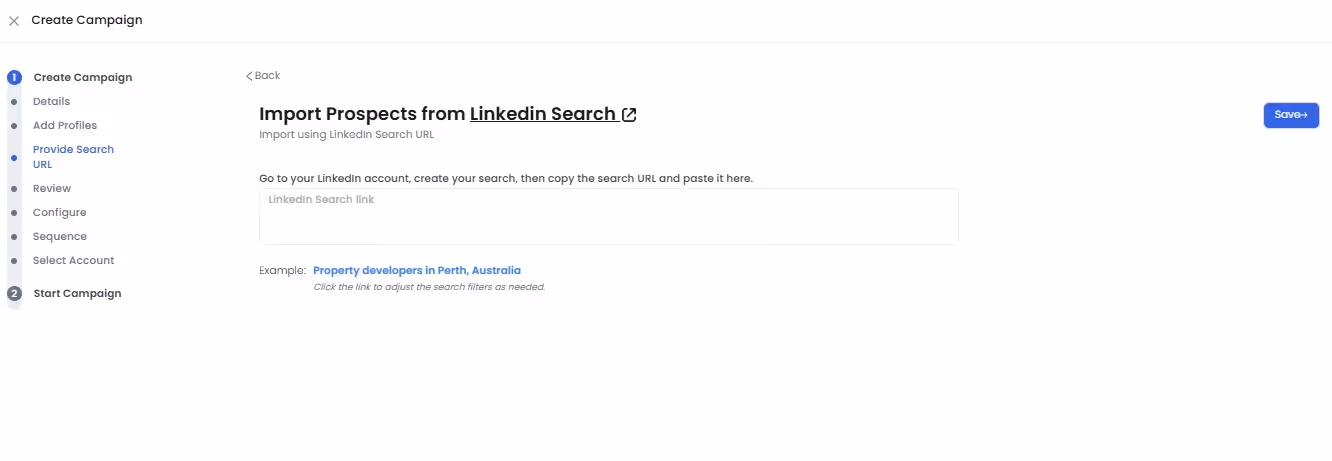 SalesRobot provide search page to import prospects from LinkedIn search URL
