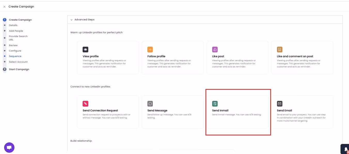 Screenshot of options to connect with LinkedIn profiles: View profile, Follow profile, Like post, Like and comment on post, Send connection request, Send message, Send InMail, Send email.