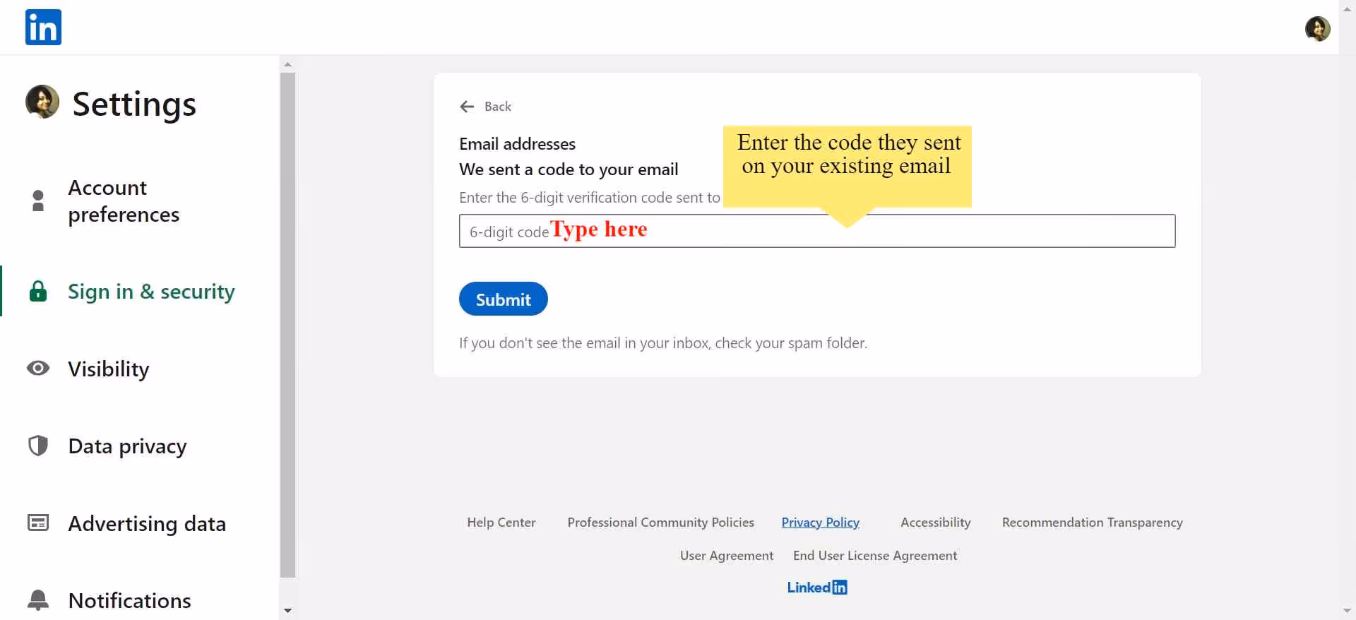 A text box for typing to enter your 6 digit code.