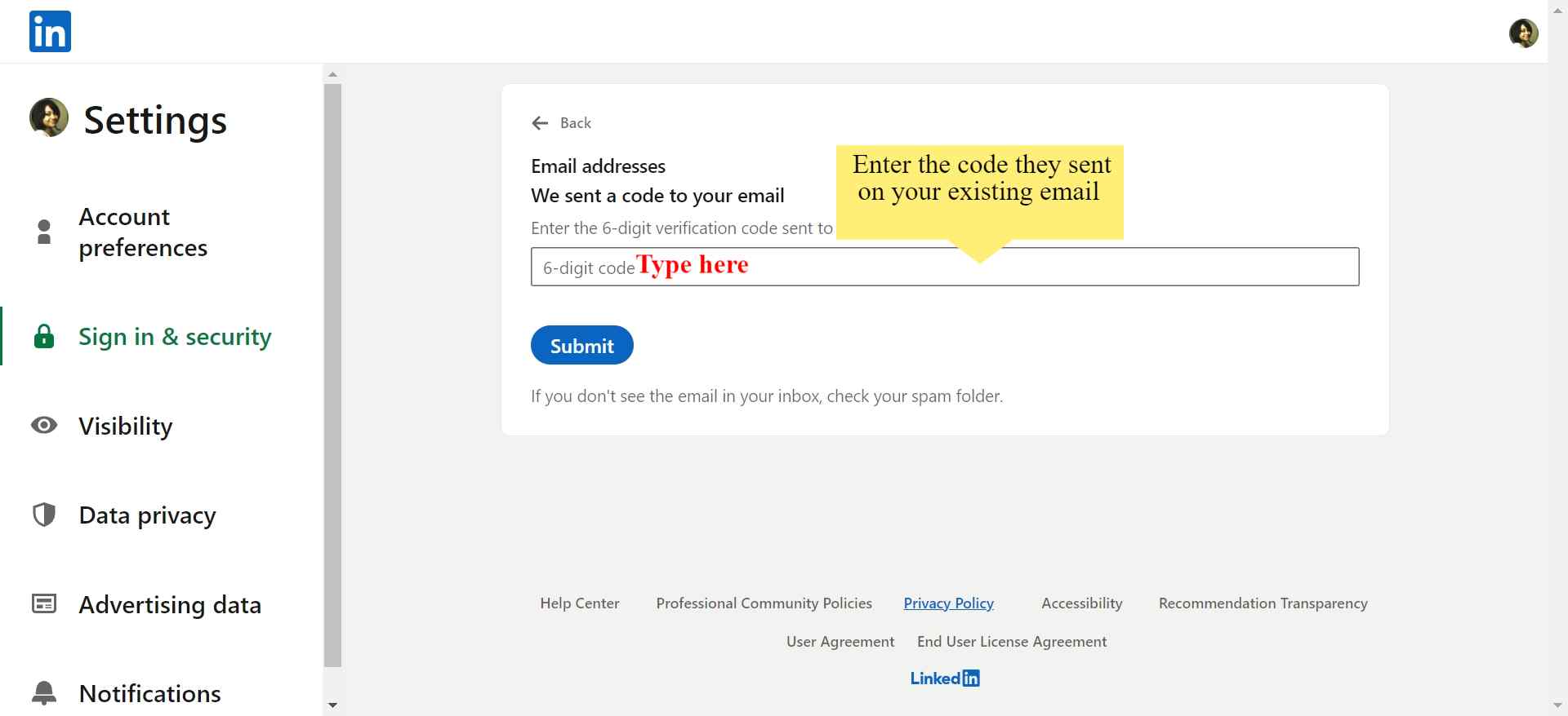 A text box for typing to enter your 6 digit code.