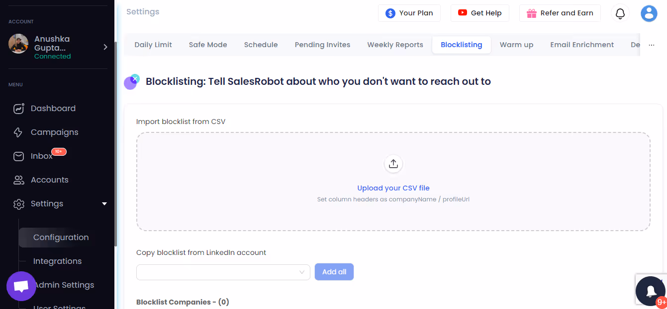 Blocklisting option in SalesRobot settings