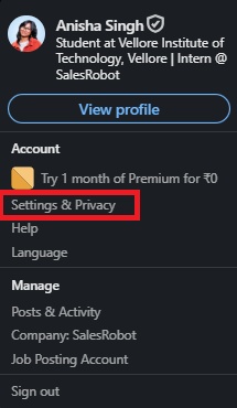 LinkedIn Settings and Privacy option