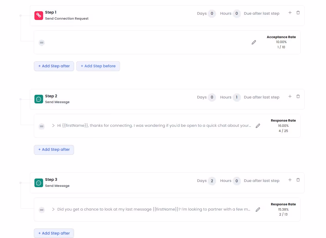 SalesRobot connection request and message steps
