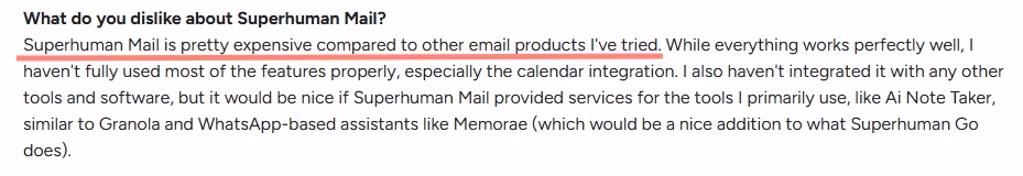 Review of Superhuman Mail, mentioning high cost and missing features.