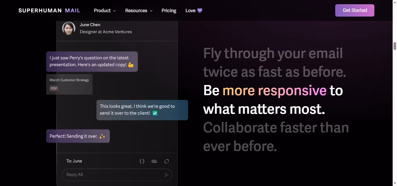Superhuman Mail website interface showing email collaboration features.