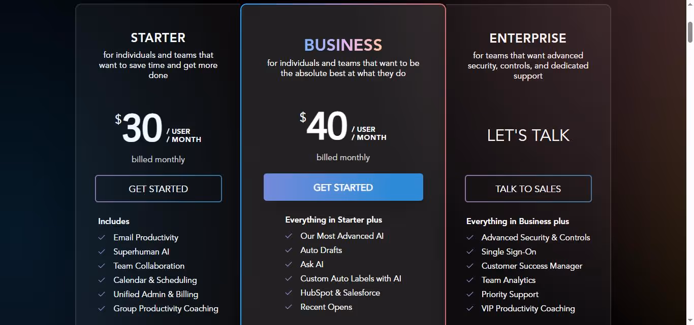 Superhuman Mail pricing plans: Starter, Business, and Enterprise.