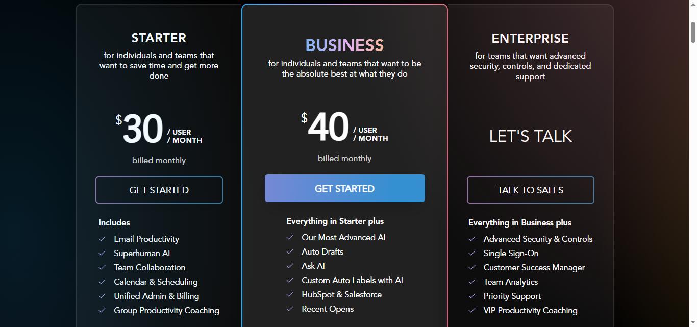 Superhuman Mail pricing plans: Starter, Business, and Enterprise.