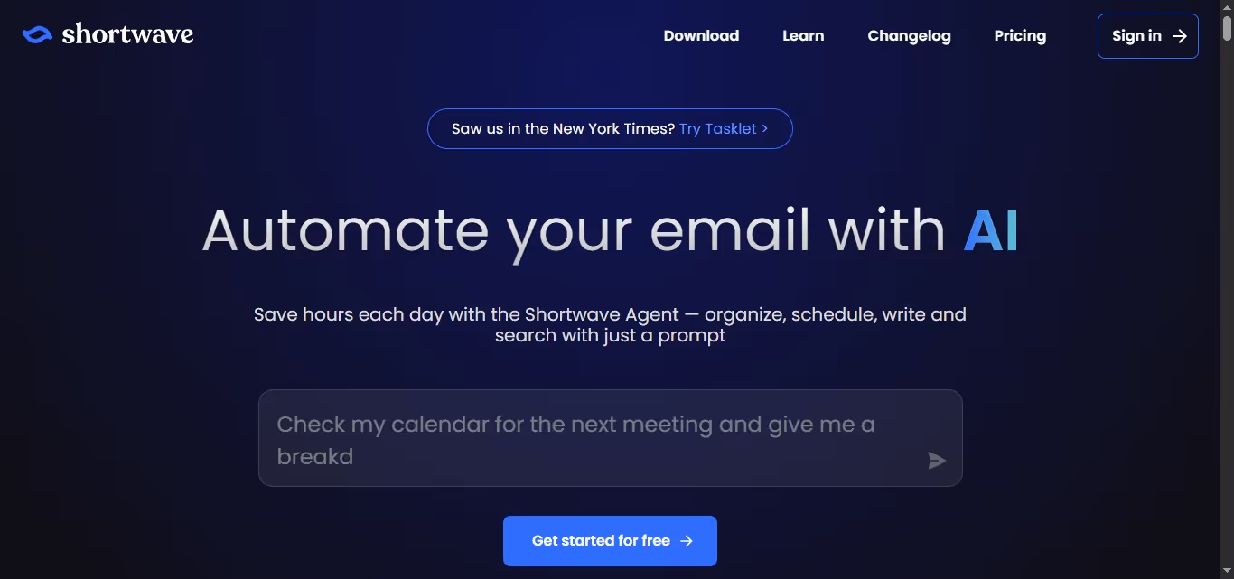 Shortwave AI email automation landing page.