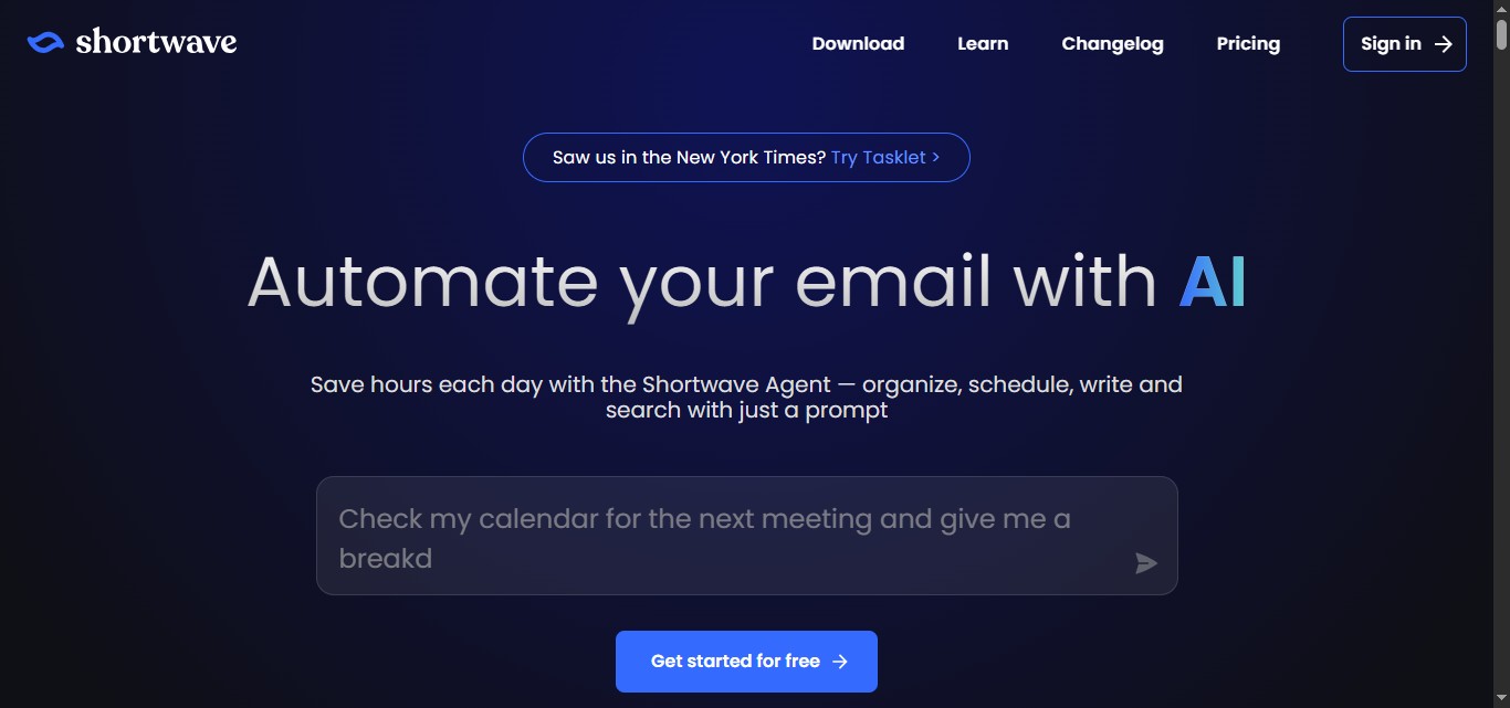 Shortwave AI email automation landing page.