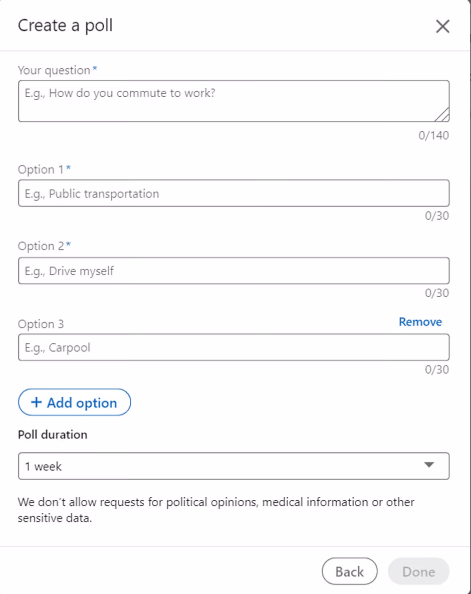 The second step to create a LinkedIn poll.