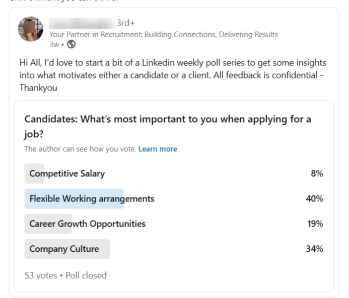 An example of LinkedIn poll that wants to know what is the most important deciding factor for job seekers.