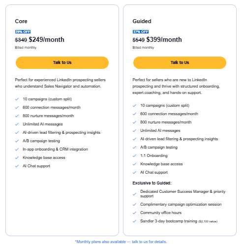 A pricing comparison table showing 'Core' and 'Guided' plans with monthly prices and features, including 15% and 30% off.