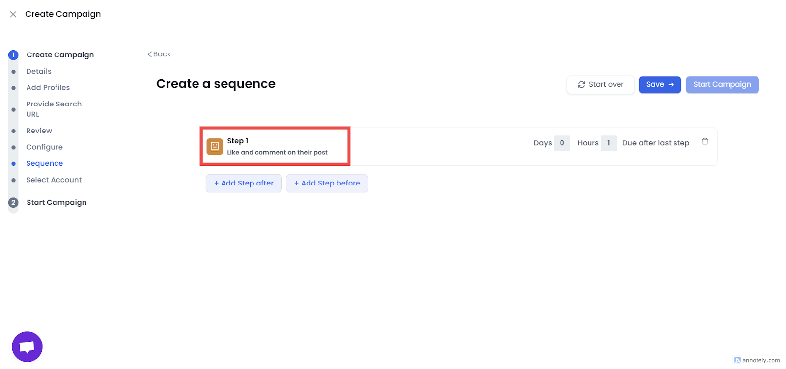 Image shows the "Add step to your sequence" section of the SalesRobot