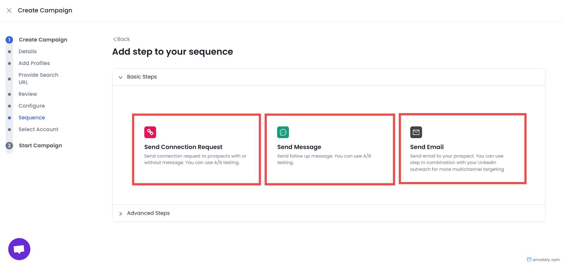 Image shows the "Add step to your sequence" section of the SalesRobot