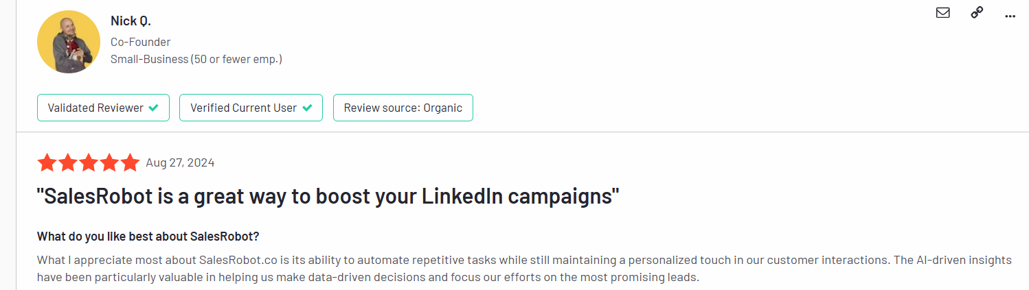 Review of SalesRobot with a 5-star rating and a positive quote about boosting LinkedIn campaigns.
