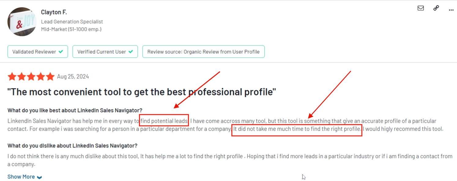 LinkedIn Sales Navigator review highlighting the tool's convenience for finding potential leads and saving time.