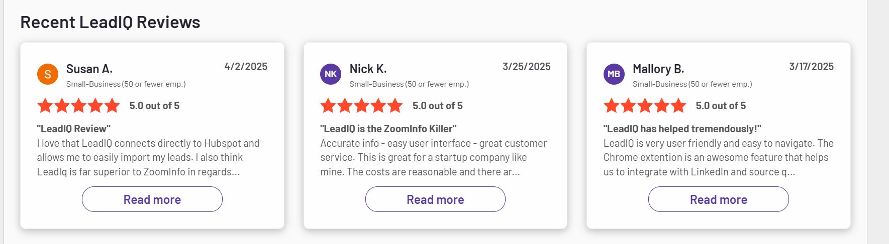 Customer reviews of LeadiQ, with three reviews displaying 5-star ratings and positive feedback.