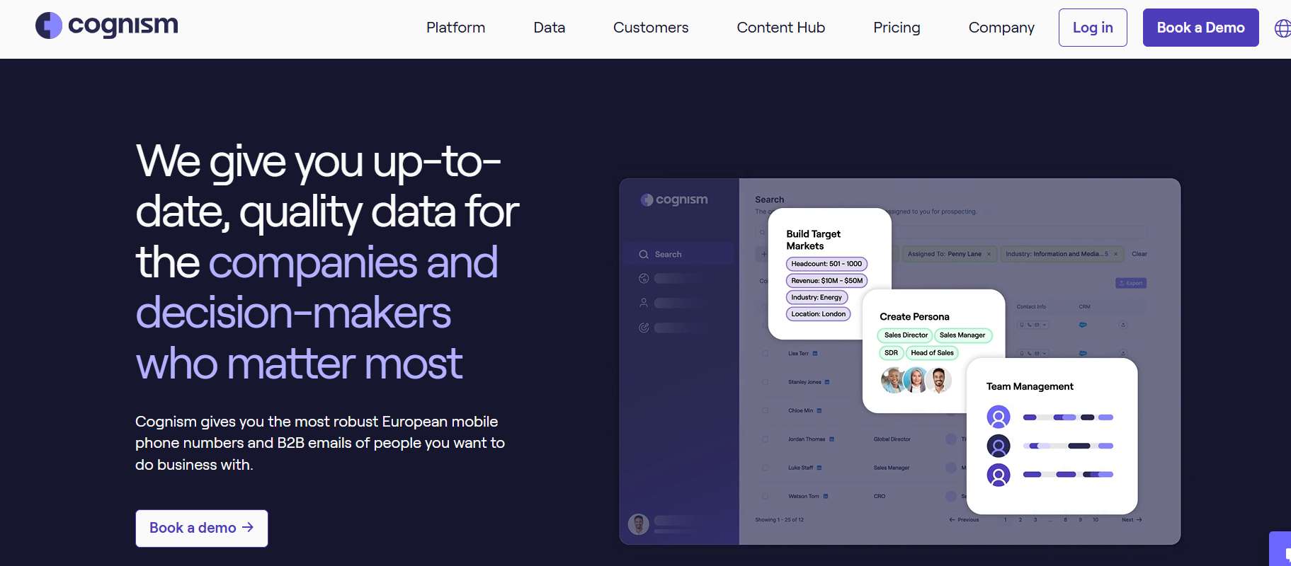 Cognism's platform interface showing search filters and team management.