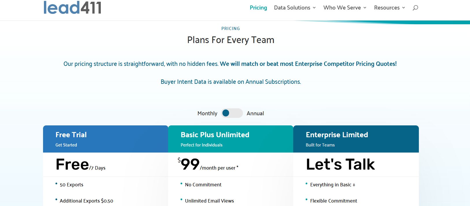 Lead411 pricing plans for various team sizes, highlighting free trial and enterprise options.
