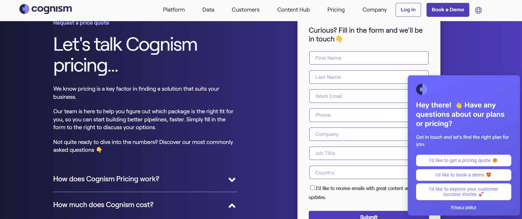 Cognism pricing page with a lead capture form and chatbot.