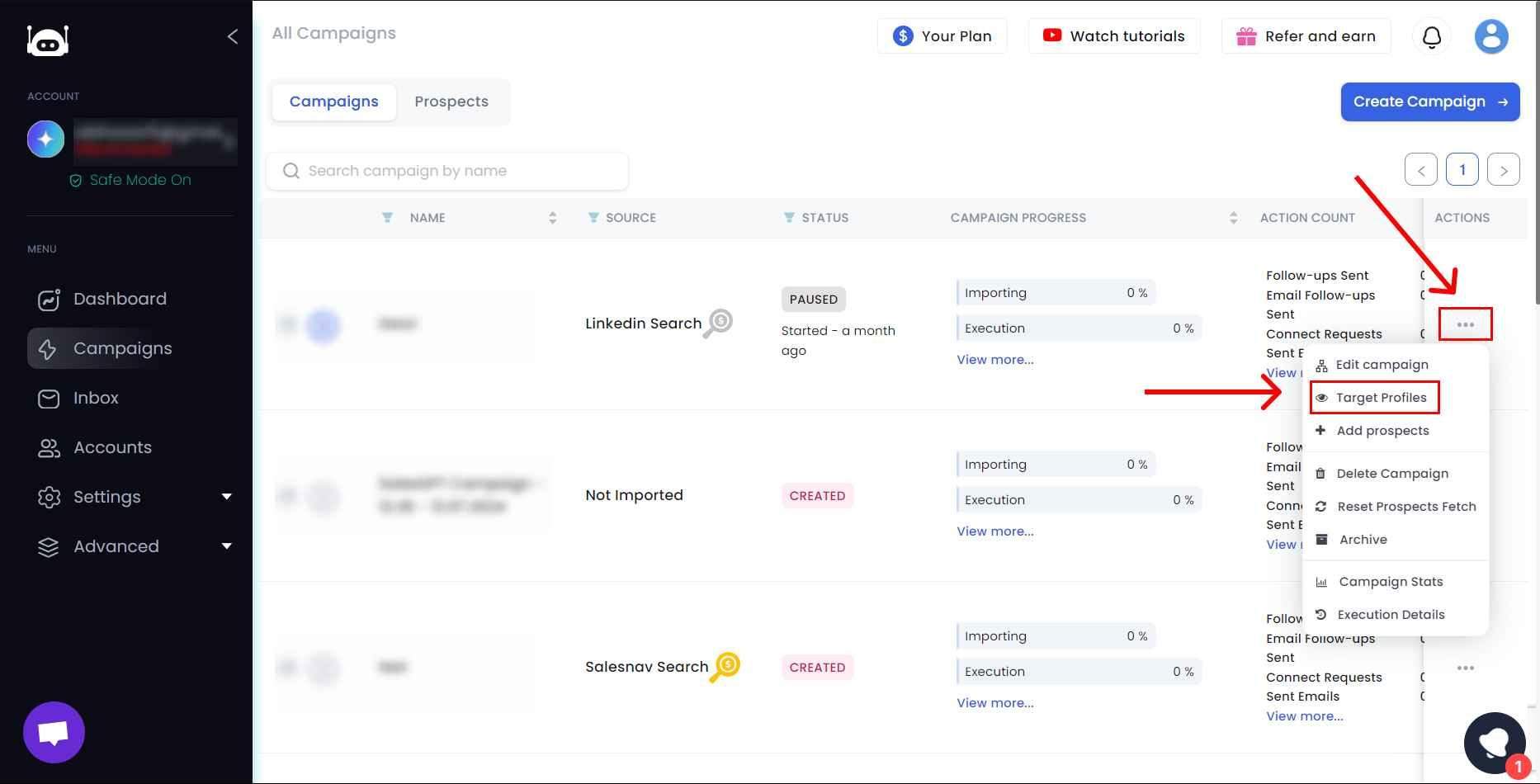 click on target profiles