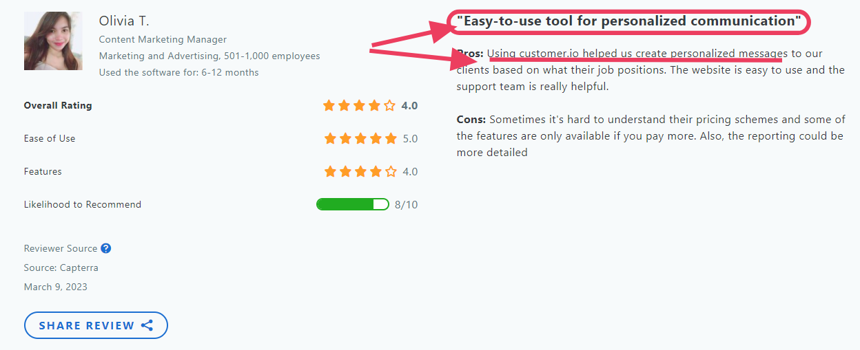Capterra review of Customer.io
