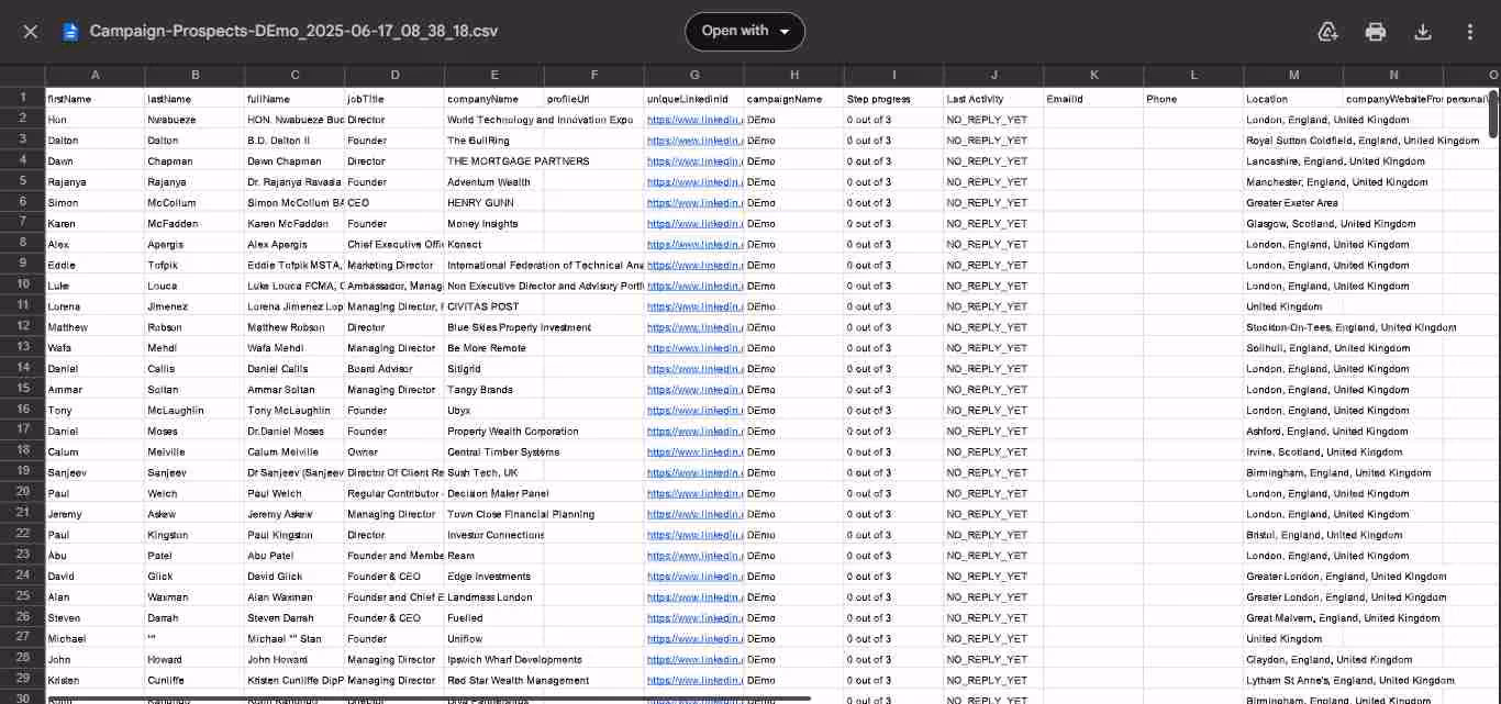 CSV Example sheet