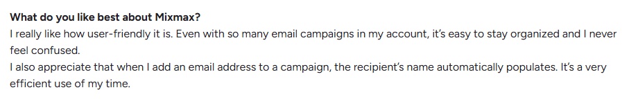 A quote about Mixmax being user-friendly and efficient.