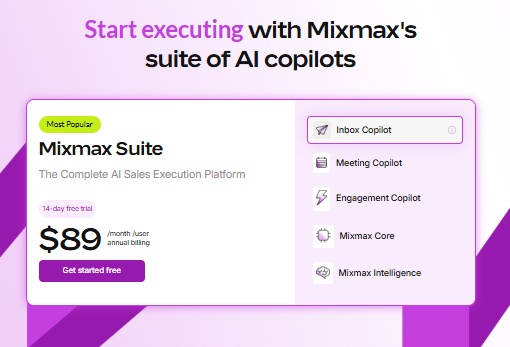 Mixmax Suite pricing with Inbox Copilot, Meeting Copilot, Engagement Copilot, Mixmax Core, and Mixmax Intelligence