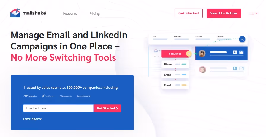 Mailshake website with headline 'Manage Email and LinkedIn Campaigns in One Place', and a sign-up form