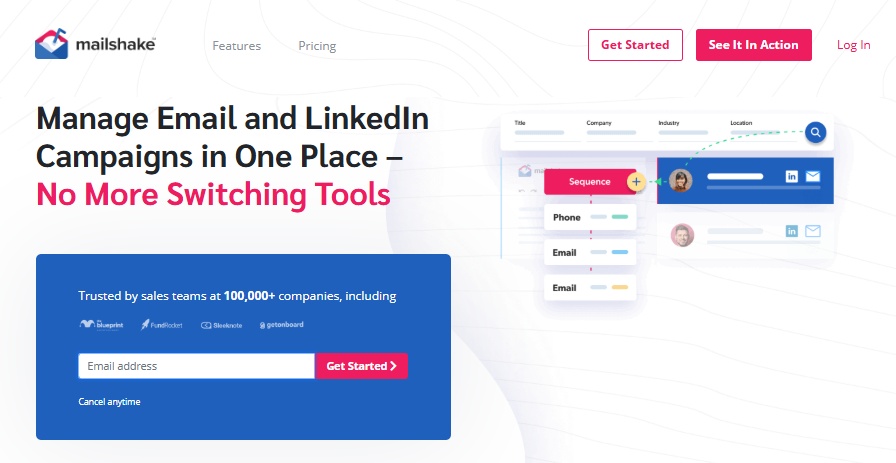 Mailshake website with headline 'Manage Email and LinkedIn Campaigns in One Place', and a sign-up form