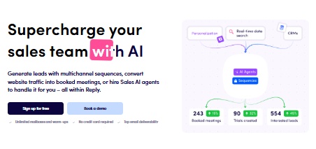 Diagram showing AI agents and sequences for generating leads and bookings, with metrics for booked meetings, trials created, and interested leads.