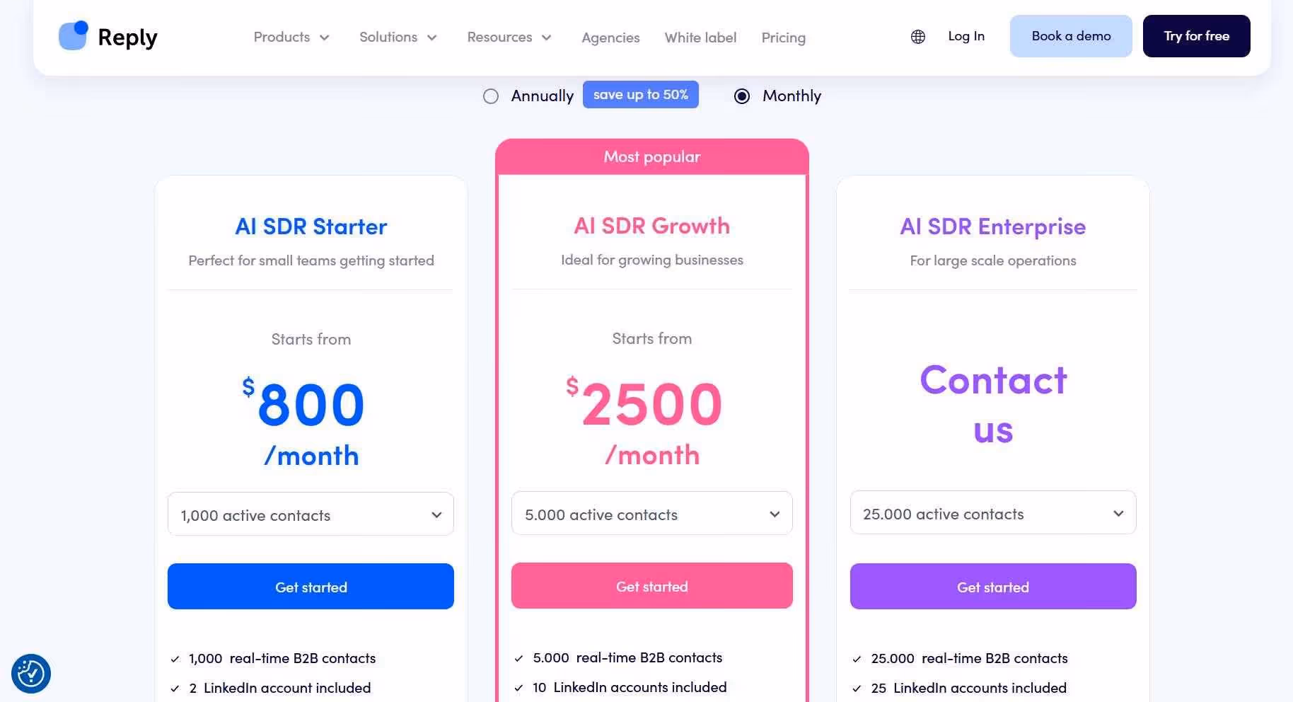 AI SDR Starter, AI SDR Growth, and AI SDR Enterprise pricing plans with monthly costs and active contact numbers.
