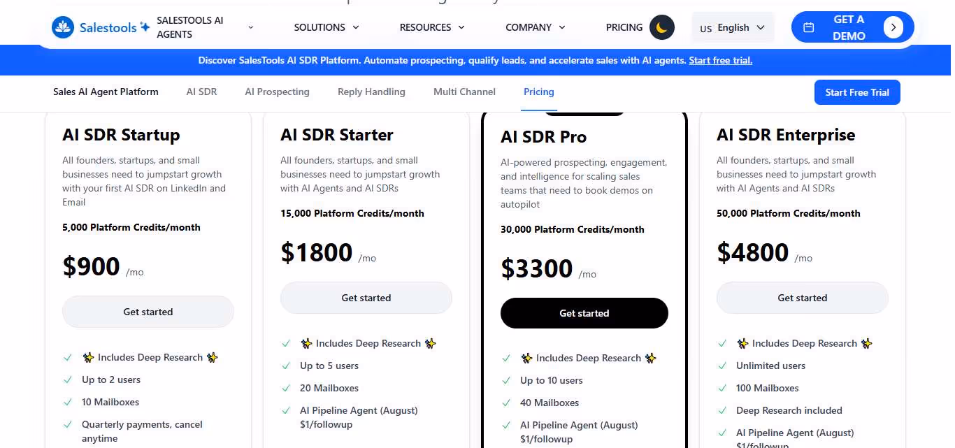 SalesTools AI Agents pricing page for "AI SDR" plans.