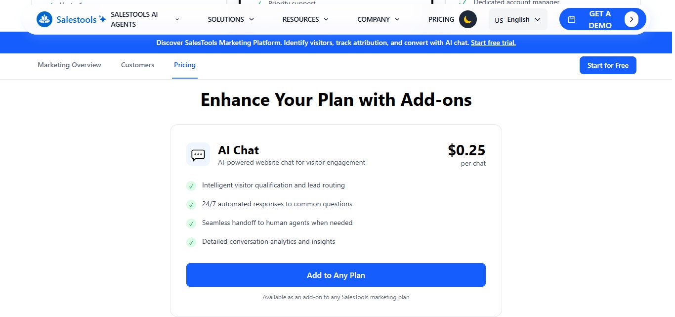 SalesTools AI Agents "AI Chat" add-on description.