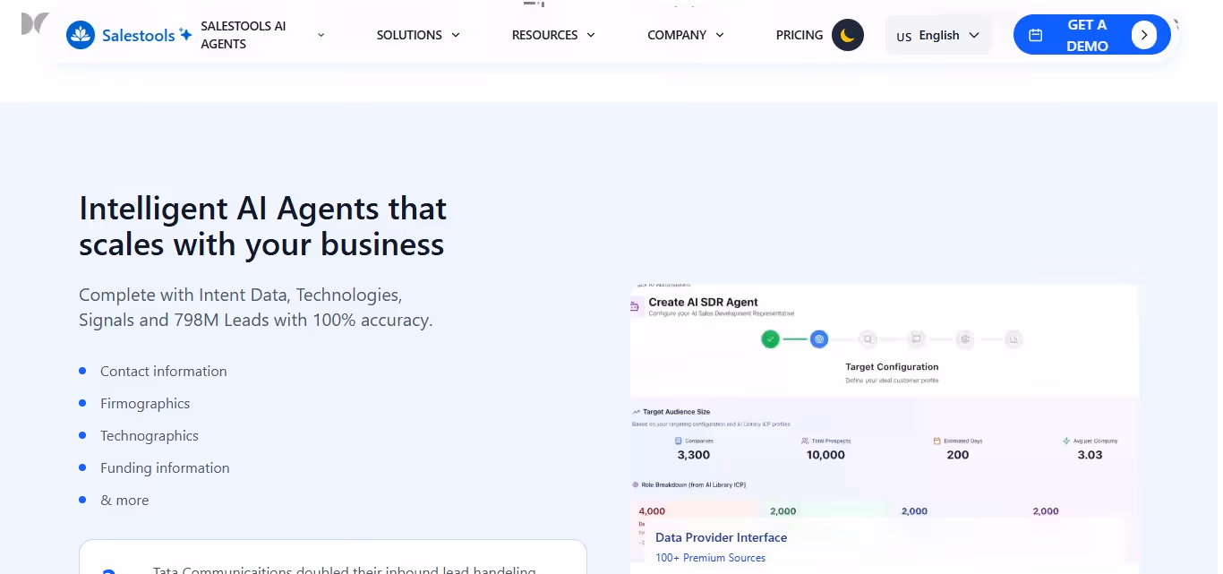 SalesTools AI Agents homepage section discussing "Intelligent AI Agents that scales with your business