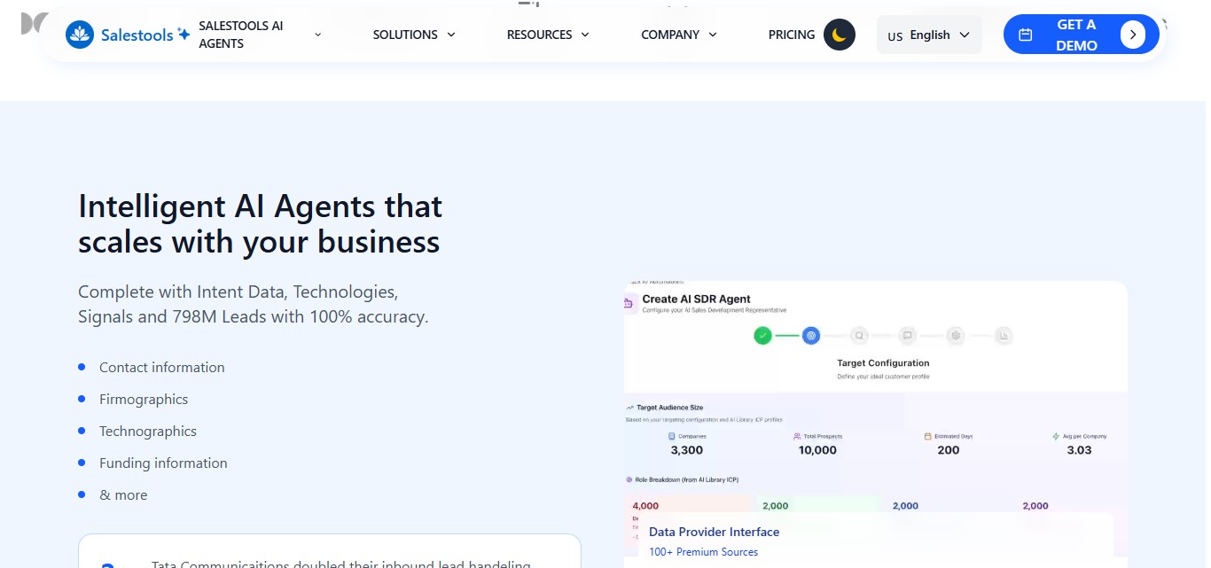 SalesTools AI Agents homepage section discussing "Intelligent AI Agents that scales with your business