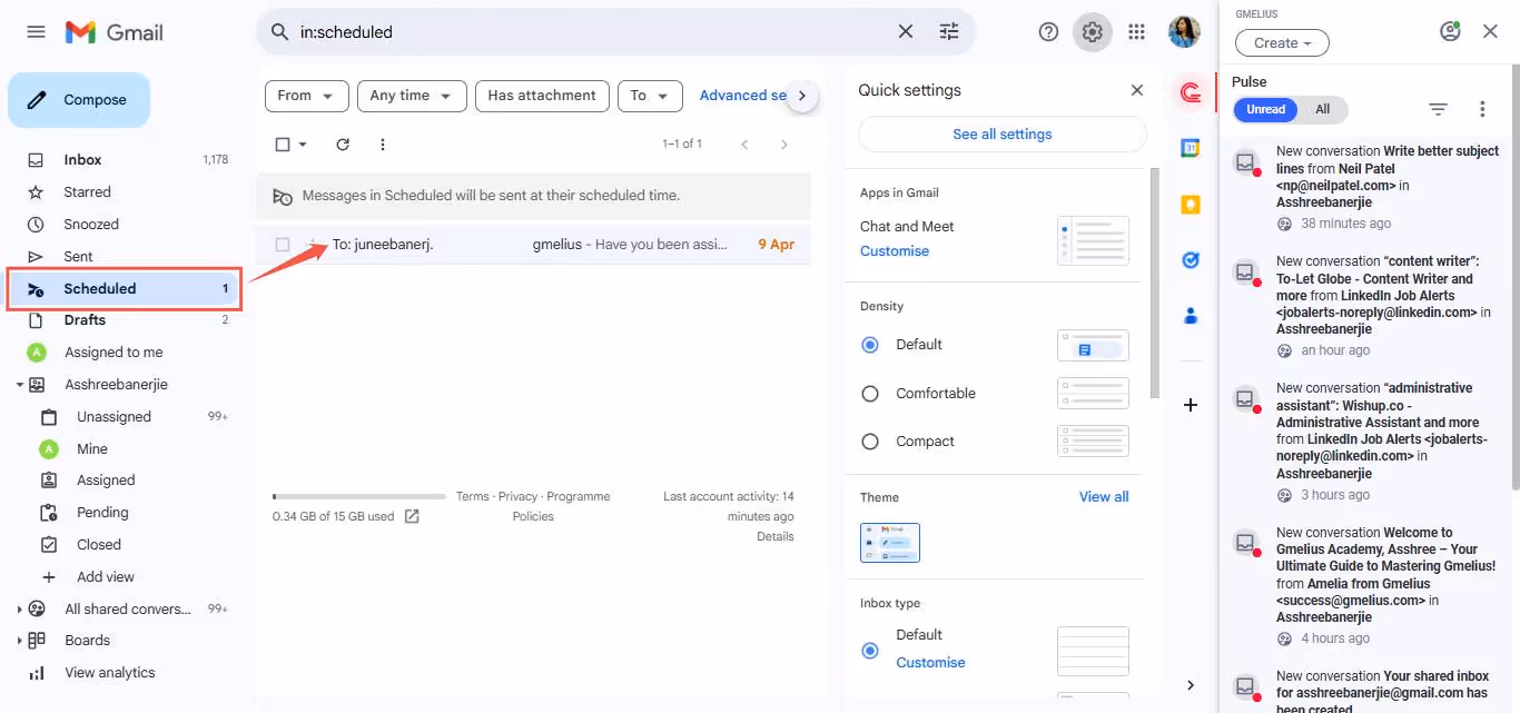 Gmail showing scheduled emails.