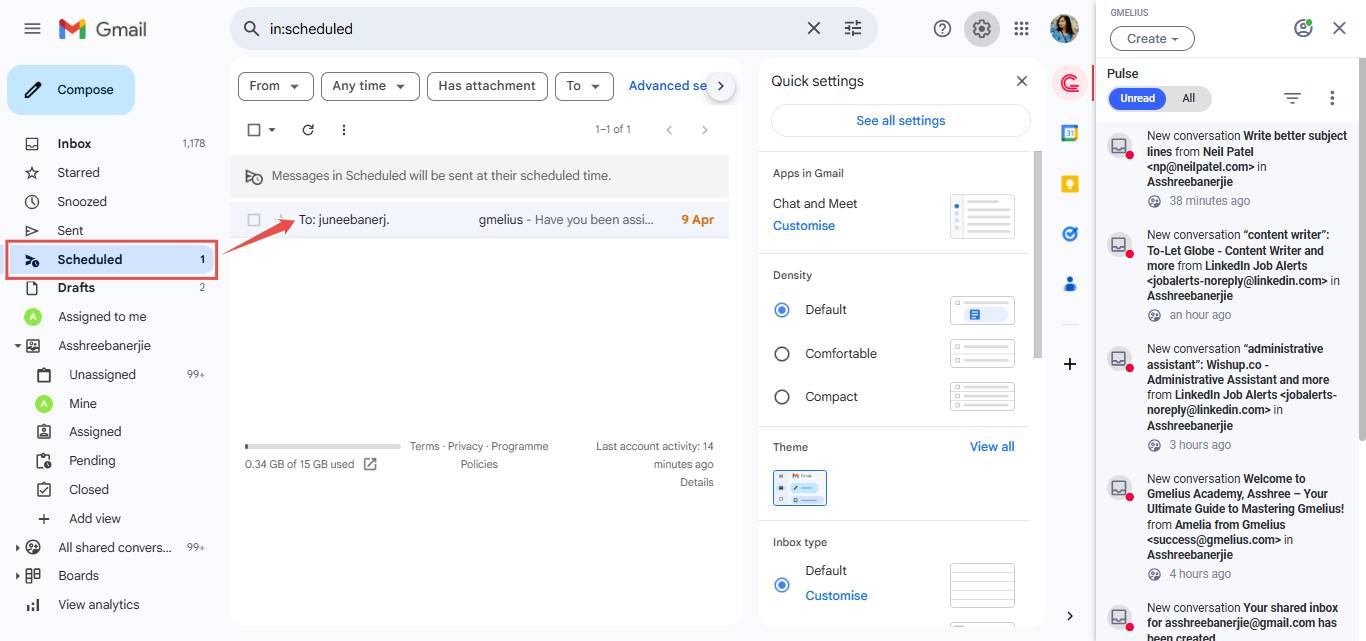 Gmail showing scheduled emails.