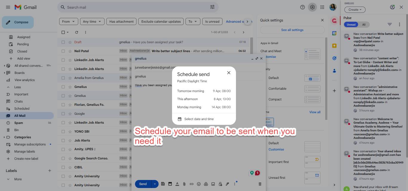 Gmail interface showing schedule send feature.
