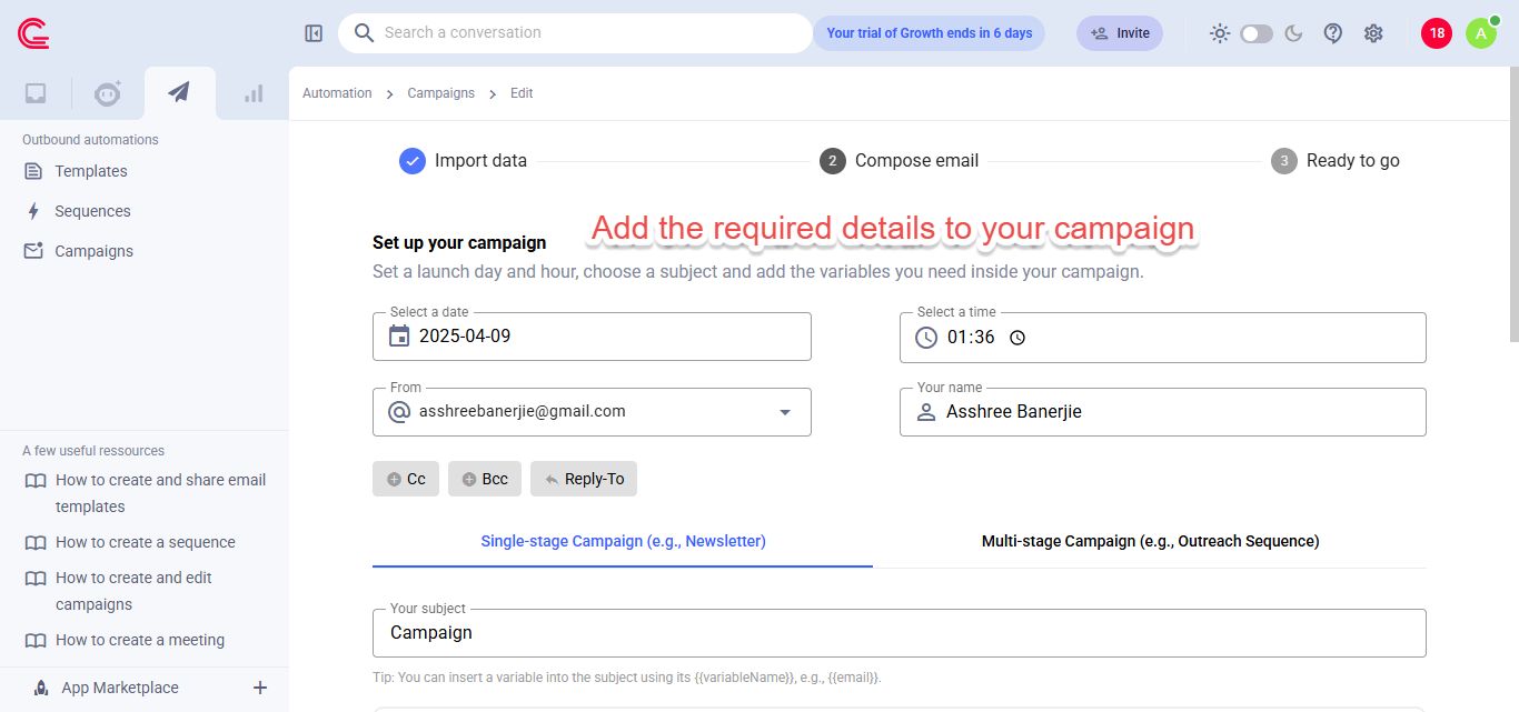 Campaign setup details.