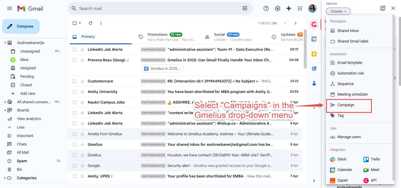 Gmail interface with Campaigns selected.