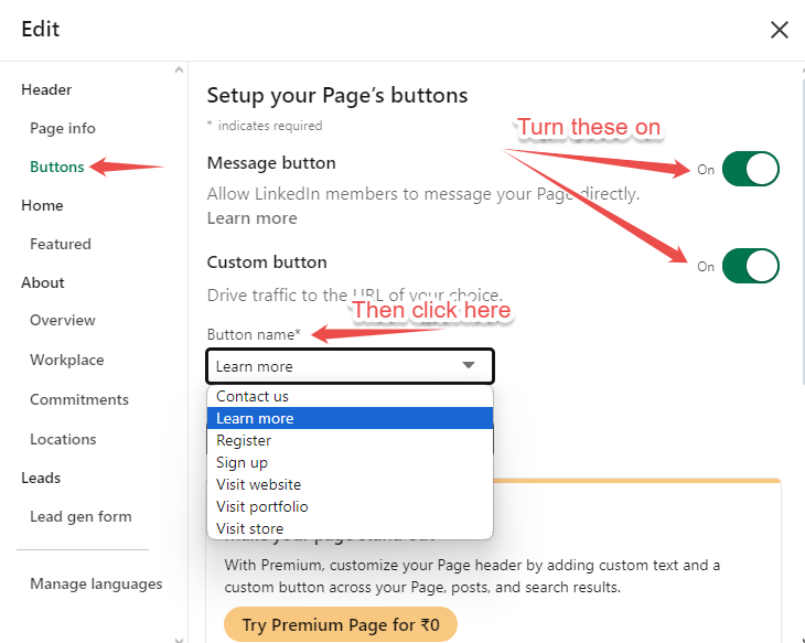 Options to add custom button CTA on a company page on LinkedIn