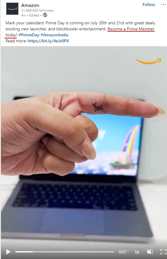 Amazon Prime Day post with CTA on LinkedIn
