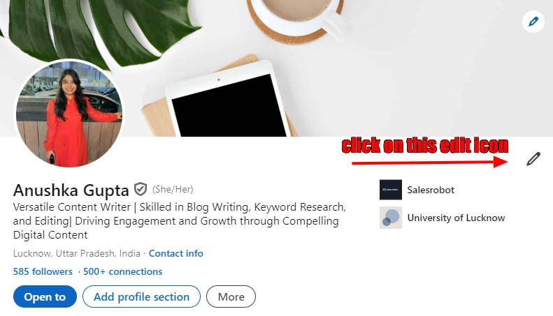 Edit icon on personal profile LinkedIn