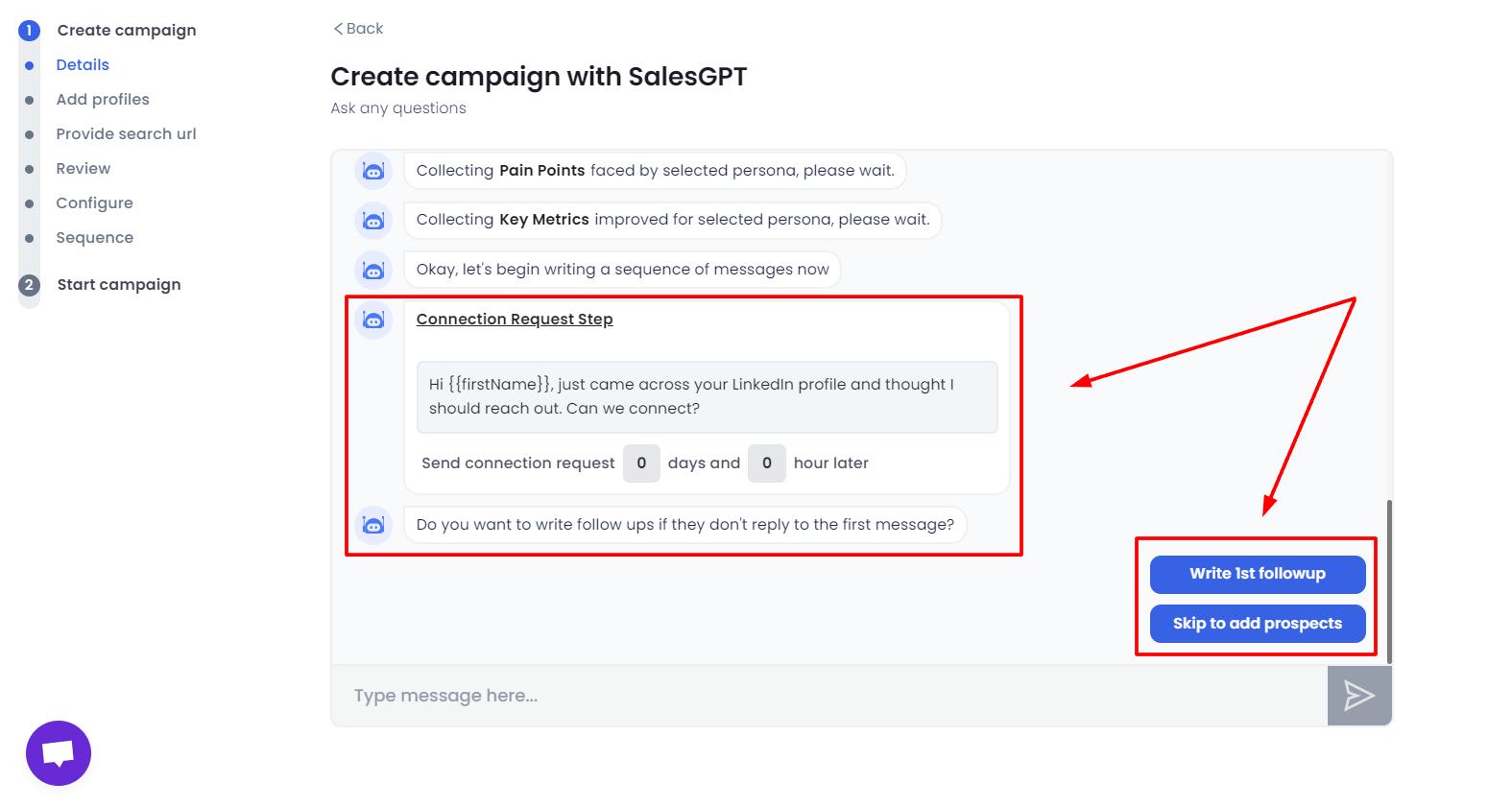 A screenshot of the 'Create campaign with SalesGPT' interface, detailing the 'Connection Request Step' with a message template and follow-up options.
