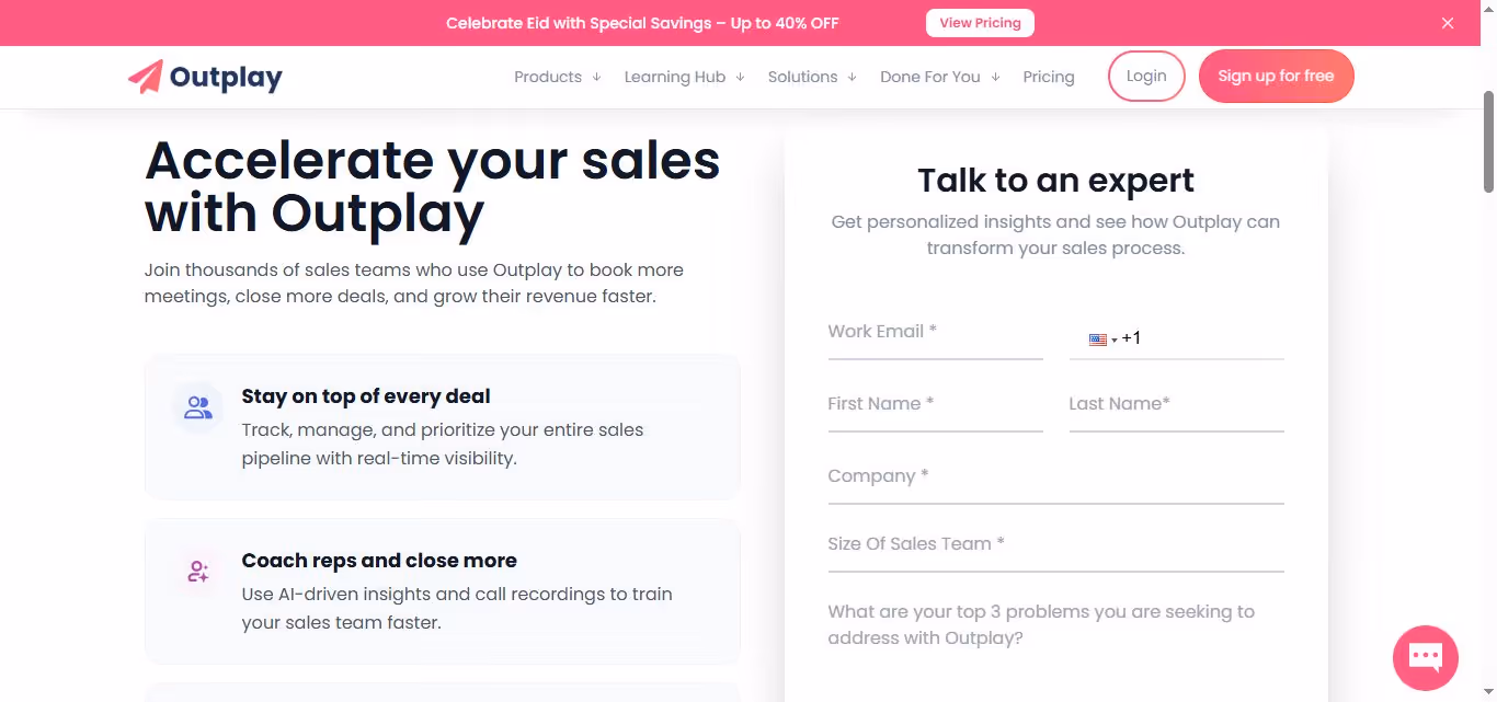 Outplay sales acceleration platform homepage